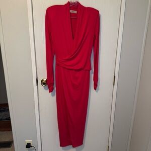 Bailey 44 Vibrant Red Long Sleeve V Neck Shoulder Pad Dress Size Small